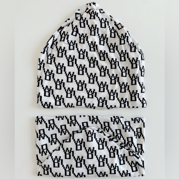 SOFT MONOGRAM KNIT BEANIE AND INFINITY NECK WARMER - WHITE BLACK PRINT 2 PIECE - Picture 3 of 8